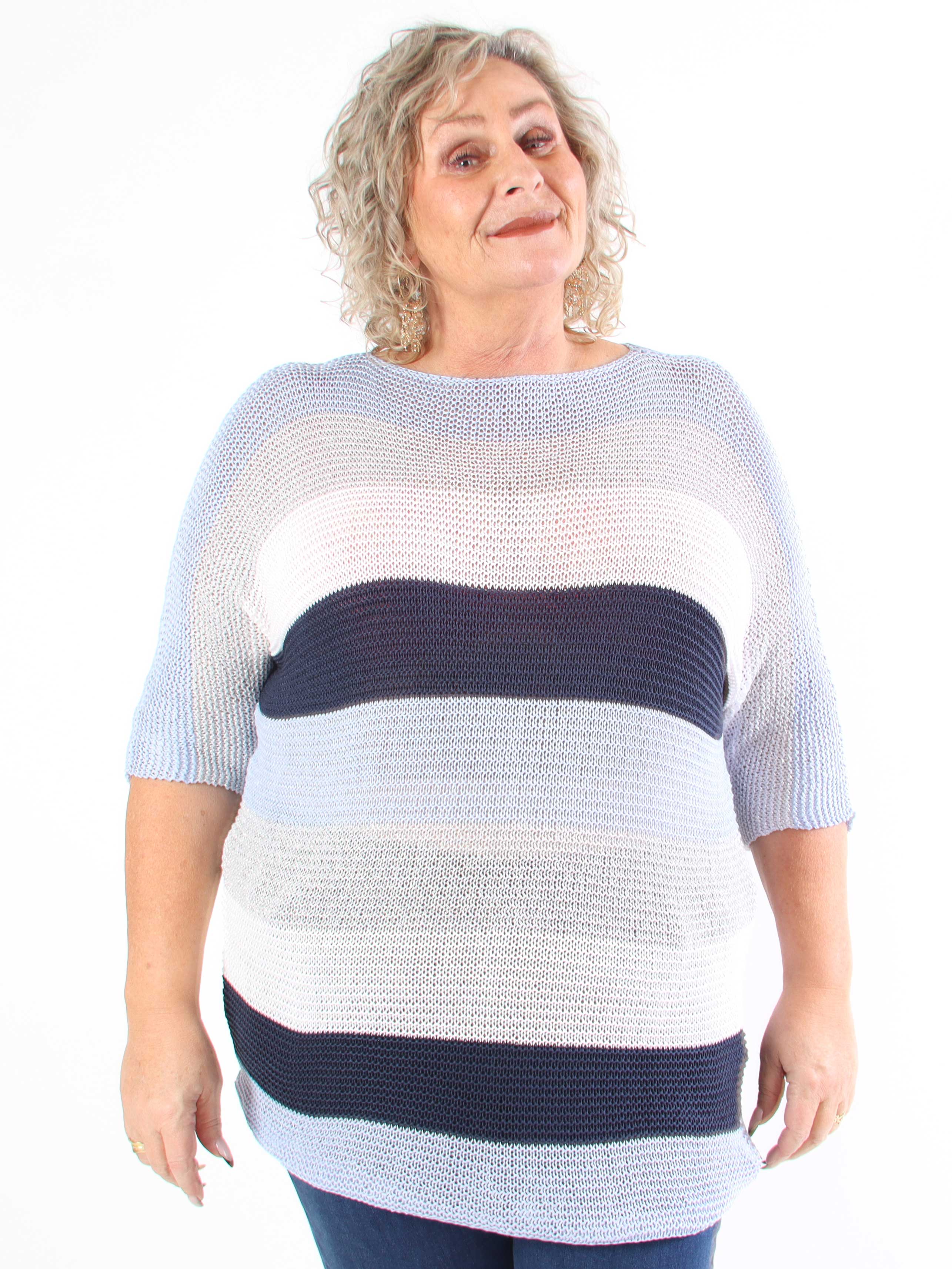 Nina Long - Randig stickad klänning i plus size med glittertrådar